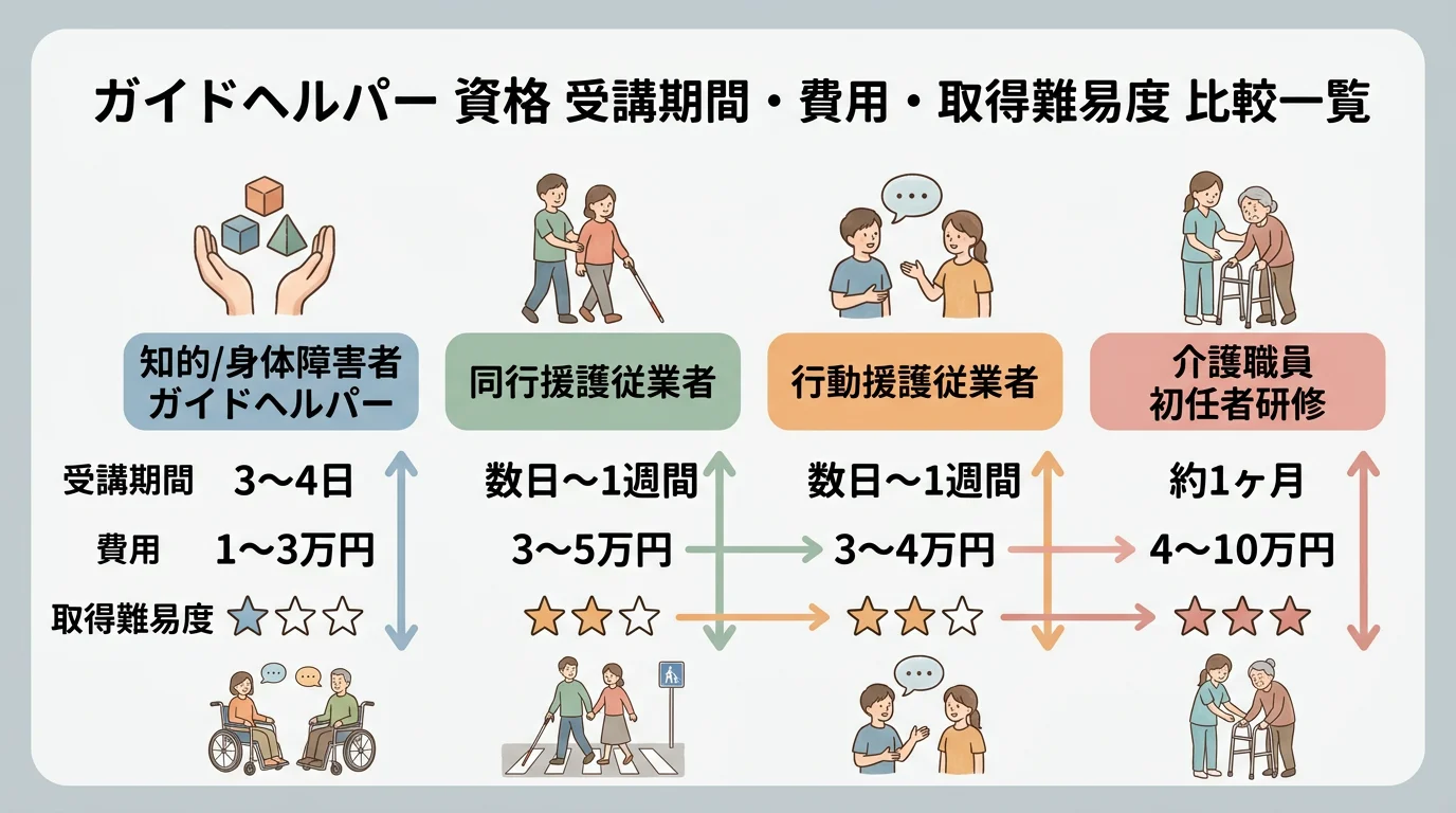 ガイドヘルパー関連4資格の受講期間・費用相場・取得難易度を星評価で横並び比較したインフォグラフィック