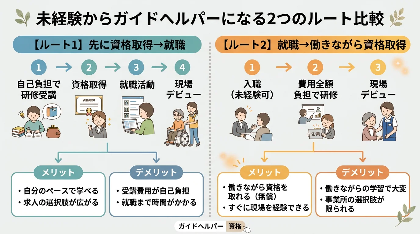 先に資格取得して就職するルートと、就職してから働きながら資格取得するルートのメリット・デメリットを比較したフローチャート