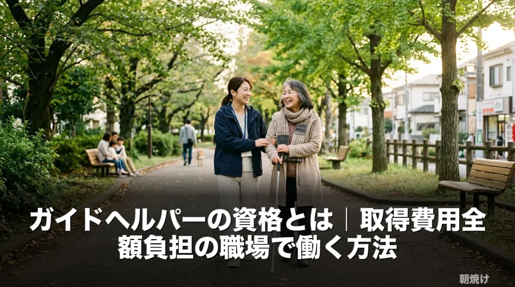 並木道でガイドヘルパーと利用者様が笑顔で並んで歩くシーン。ガイドヘルパー資格の記事アイキャッチ