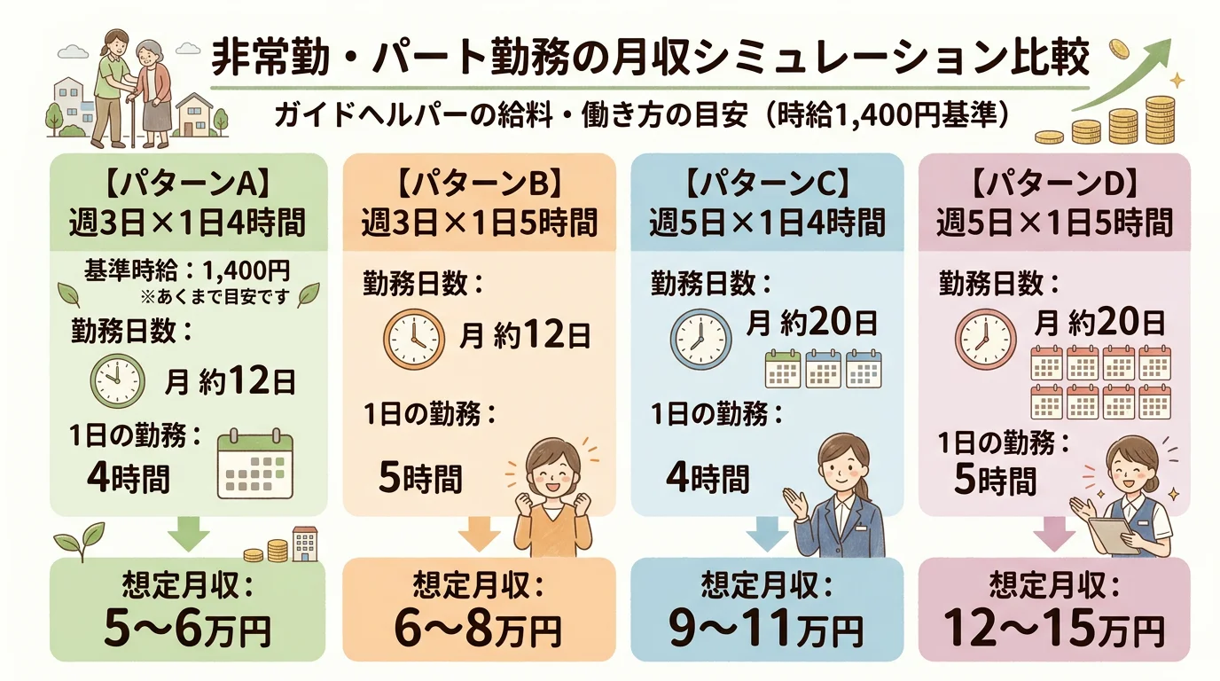 週3日×4時間で月5〜6万円から週5日×5時間で月12〜15万円まで、4パターンの月収シミュレーションを比較した図解