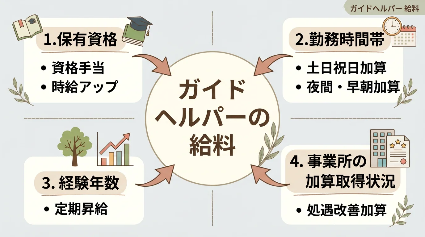 保有資格・勤務時間帯・経験年数・事業所の加算取得状況の4要素がガイドヘルパーの給料に影響することを示した相関図