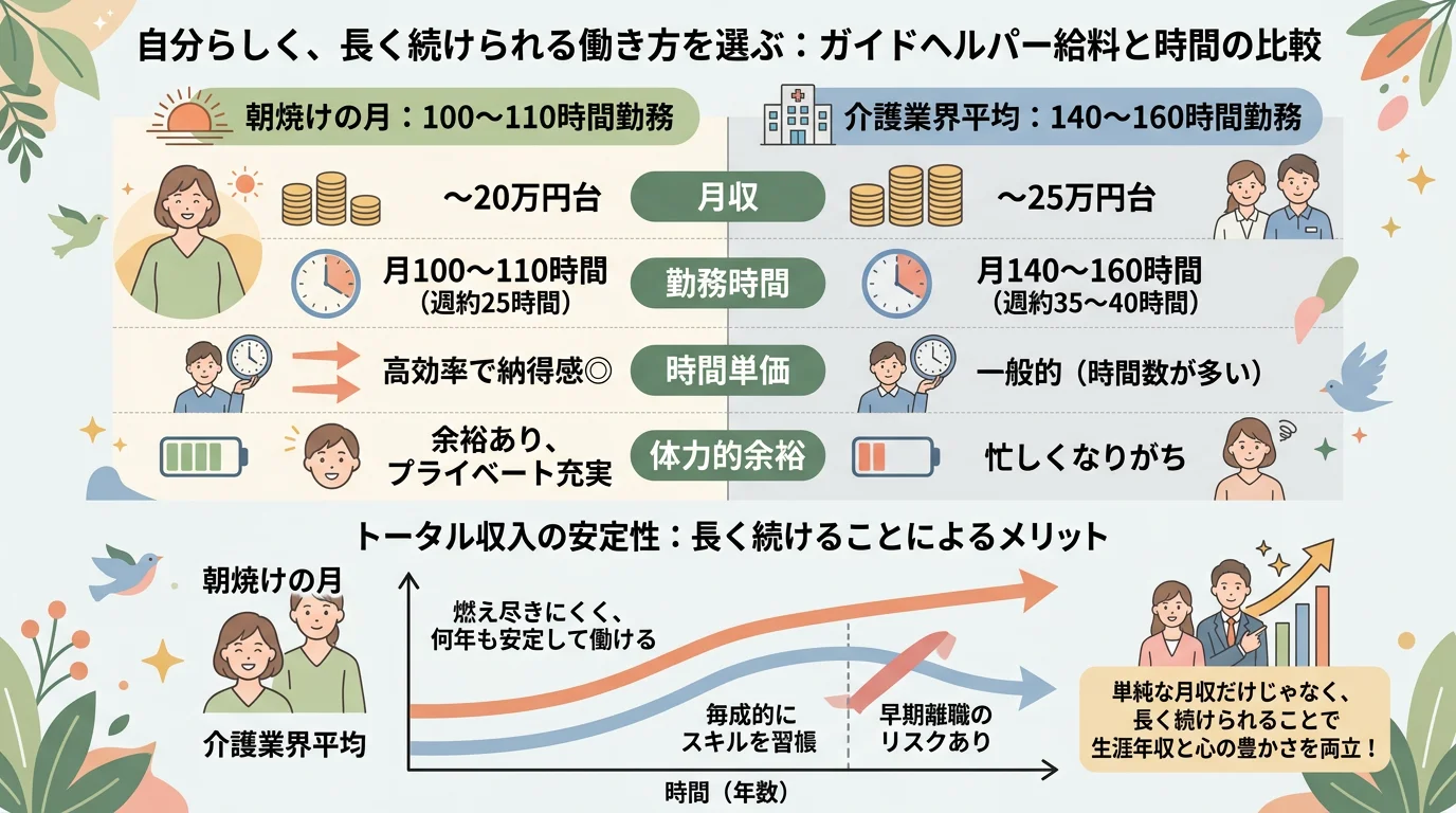 朝焼け月100〜110時間と業界平均140〜160時間を月収・勤務時間・時間単価・体力余裕の4軸で比較し長期収入安定性を示した図解