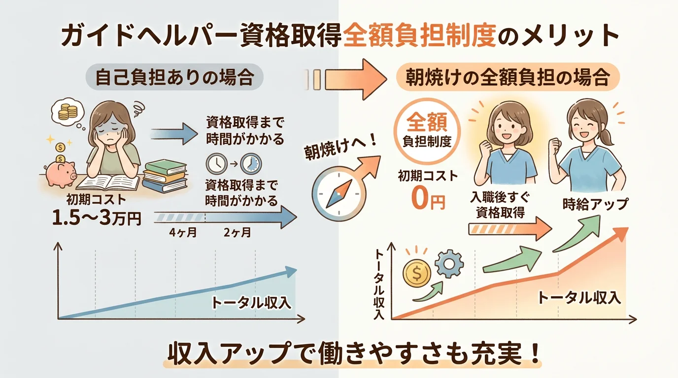 自己負担1.5〜3万円の場合と朝焼けの全額負担(初期コスト0円)の場合を比較し時給アップとトータル収入の差を示した図解