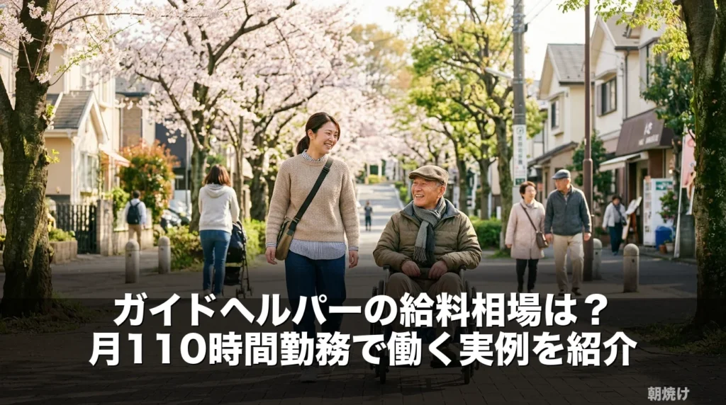 桜並木でガイドヘルパーと利用者様が穏やかに歩くシーン。ガイドヘルパー給料記事のアイキャッチ