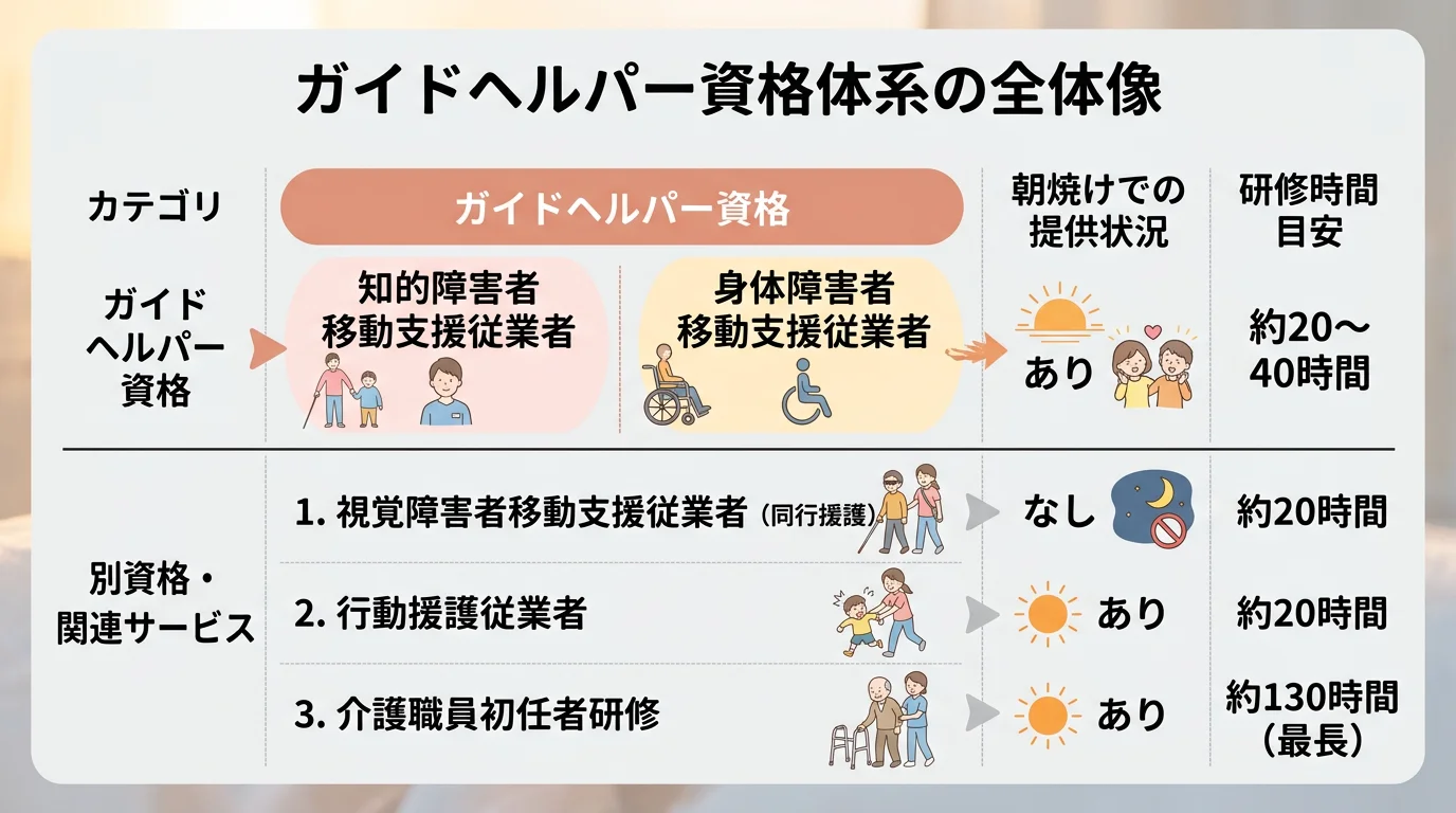 ガイドヘルパー資格（知的障害者・身体障害者の2種類）と関連資格3種類を比較した表形式の図解。朝焼けでの提供状況も記載