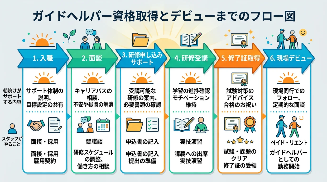 入職・面談・研修申し込みサポート・研修受講・修了証取得・現場デビューの6ステップを示したフローチャート。朝焼けのサポート内容を明示