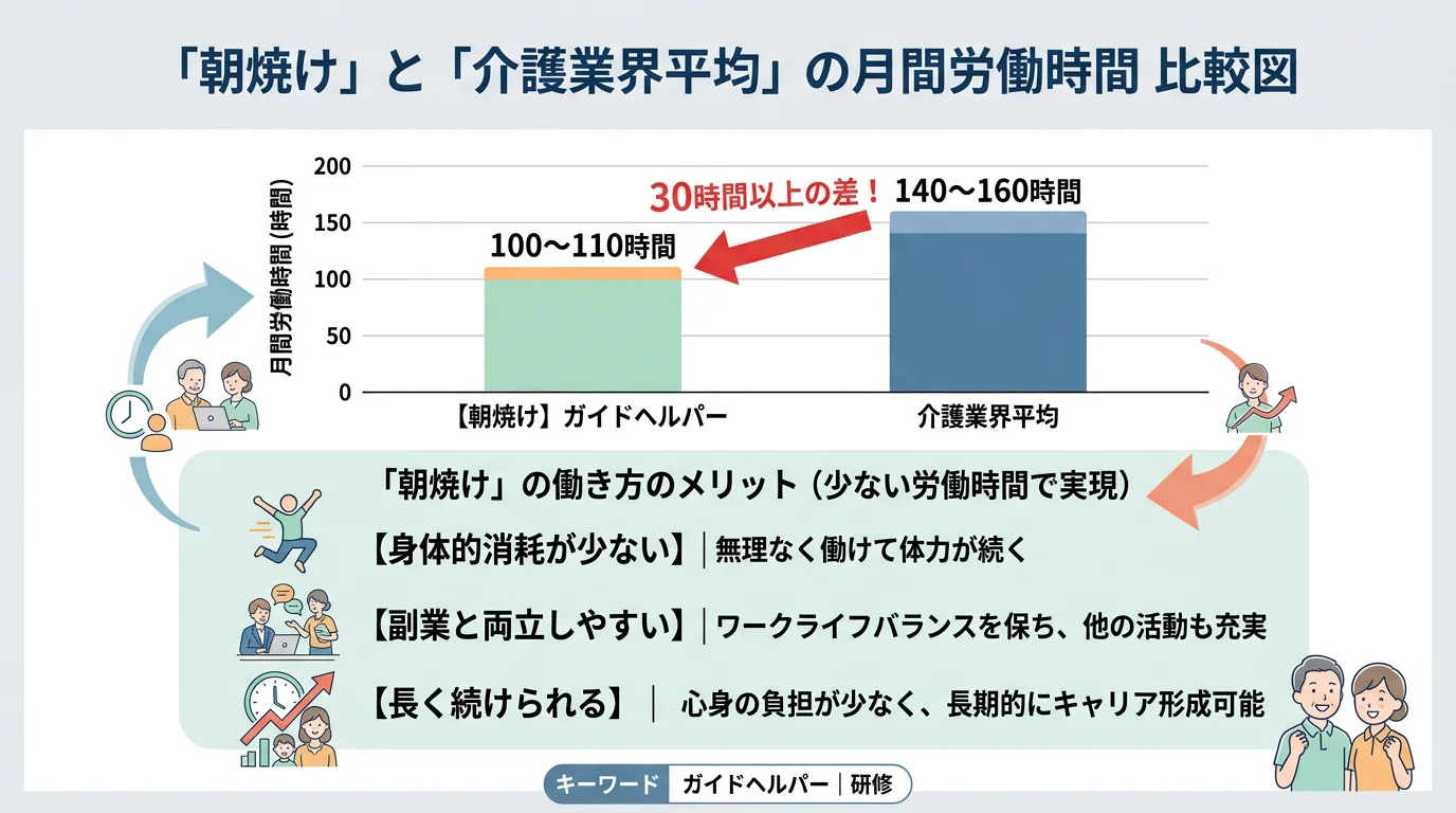 朝焼けのガイドヘルパーは月100〜110時間、介護業界平均は140〜160時間。30時間以上の差を棒グラフで比較した図解