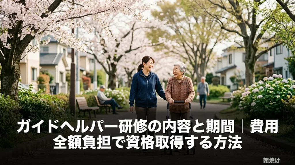 桜並木の住宅街をガイドヘルパーと利用者様が並んで歩くシーン。ガイドヘルパー研修の記事アイキャッチ
