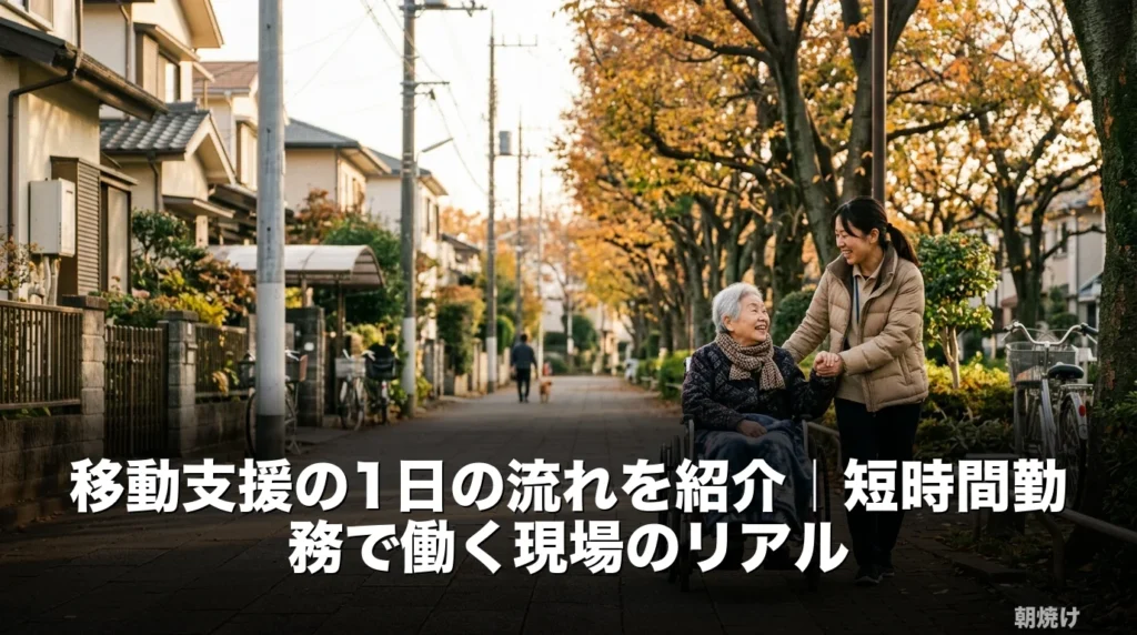 移動支援の1日の流れ｜ガイドヘルパーと利用者様が住宅街を散歩する様子を朝から夕方までの時間の流れとともに表現した風景