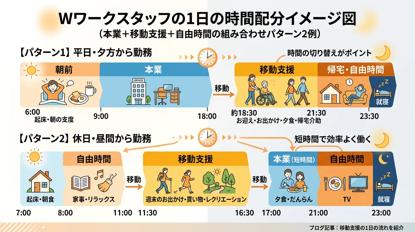 Wワークスタッフの1日の時間配分イメージ｜本業と移動支援と自由時間の組み合わせパターンを2例で示した図
