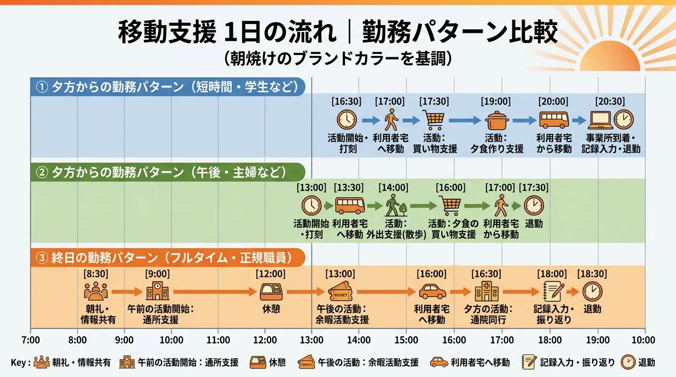 午前・夕方・終日の3つの勤務パターンを時間軸で比較した図｜移動支援の働き方の選択肢を視覚的に整理
