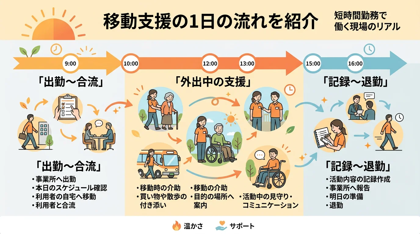 移動支援の1日を3つのフェーズで示すタイムライン｜出勤から合流・外出中の支援・記録から退勤までの流れを時系列で整理した図