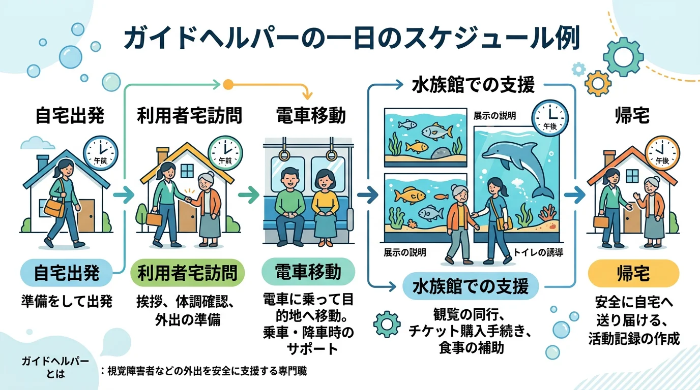 ガイドヘルパーの一日のスケジュールを示したタイムライン図。自宅出発から利用者宅訪問、電車移動、水族館での支援、帰宅までの流れを時系列で解説