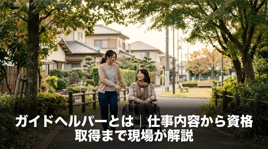 ガイドヘルパーとは｜仕事内容から資格取得まで現場が解説を解説する記事のアイキャッチ画像。まちの中の温かい福祉の様子を表現