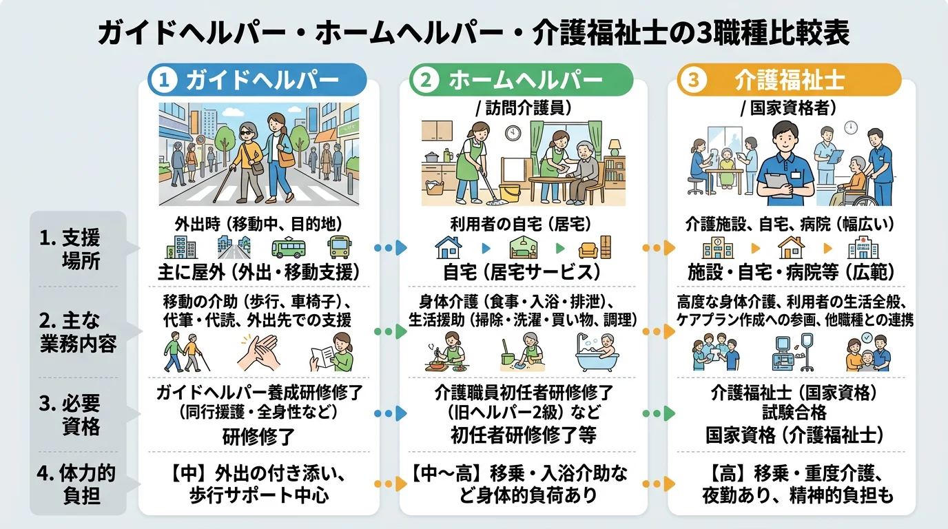 ガイドヘルパー、ホームヘルパー、介護福祉士の違いを示した比較表。支援場所、主な業務内容、必要資格、体力的負担を横並びで比較