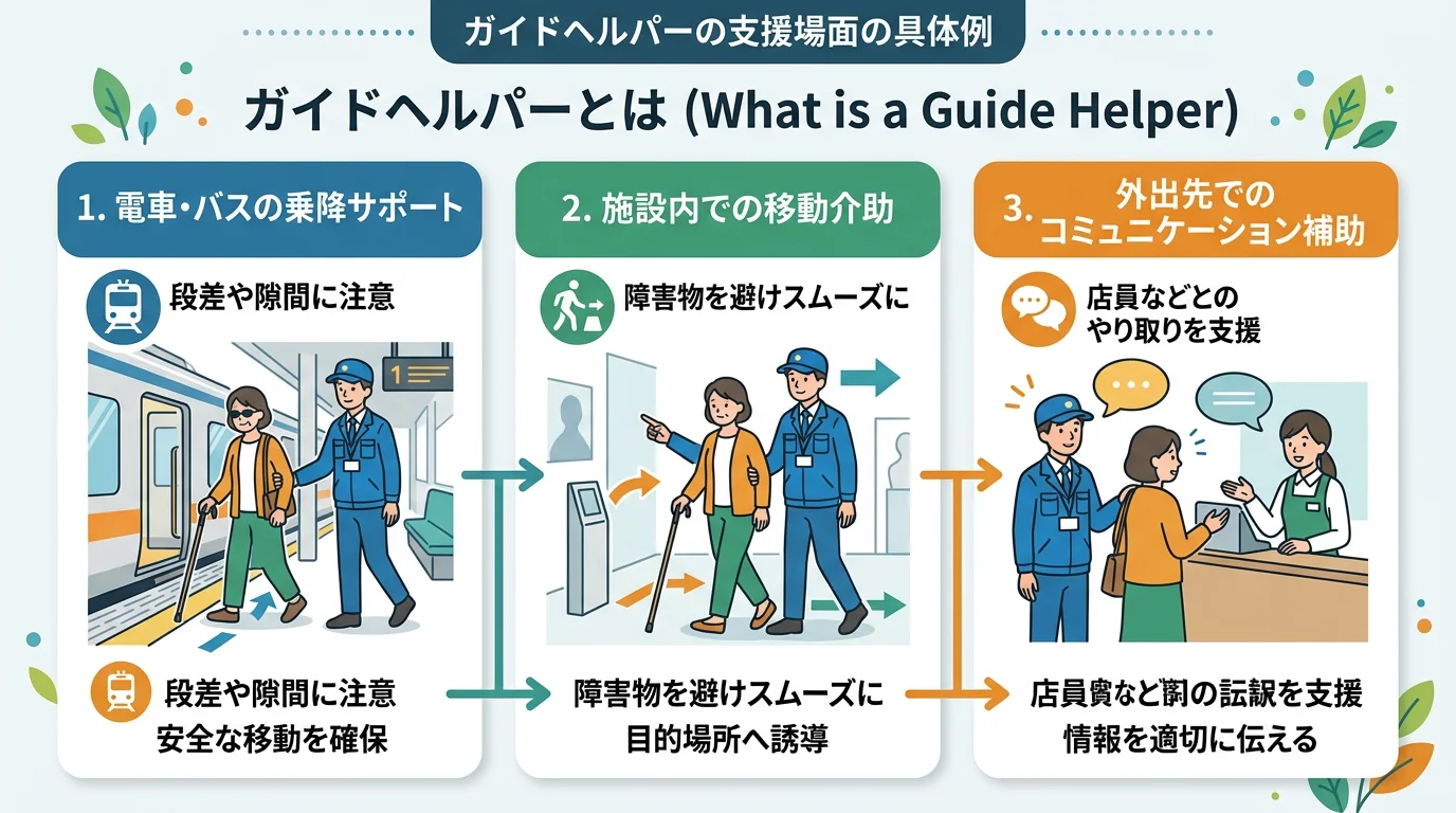 ガイドヘルパーの支援場面を示した図。電車・バスの乗降サポート、施設内での移動介助、外出先でのコミュニケーション補助の3つのシーンを視覚的に表現
