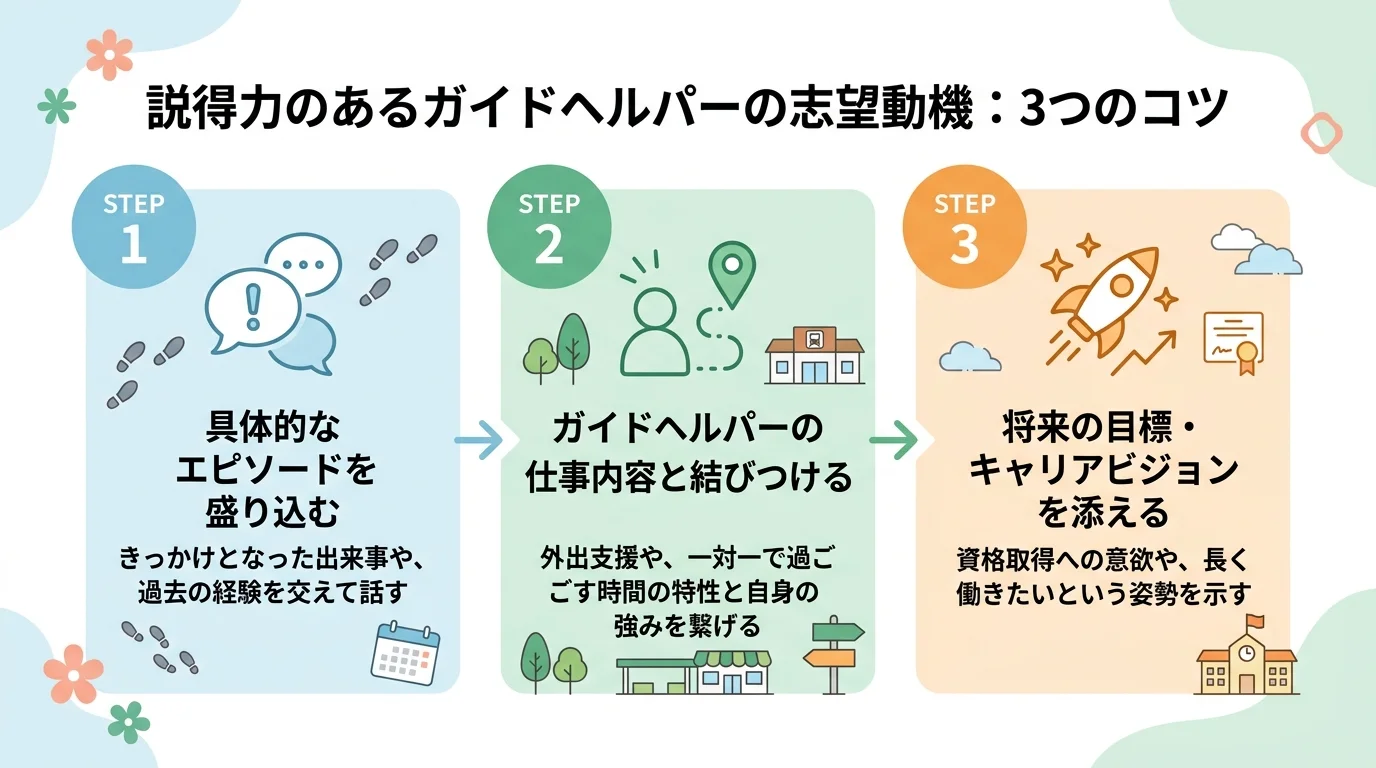 ガイドヘルパー志望動機に説得力を持たせる3ステップを示したフロー図解。エピソード・仕事理解・キャリアビジョンを順に盛り込む流れを矢印で表現している。