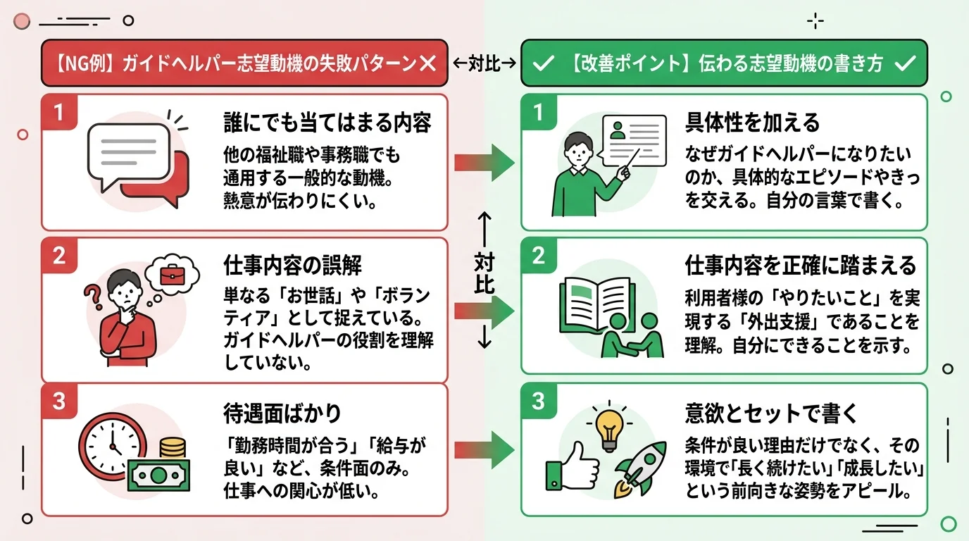 ガイドヘルパーの志望動機でやりがちなNG例と改善ポイントを左右対比で示した図解。誰にでも当てはまる内容・仕事の誤解・待遇面偏重の3パターンと修正方向を整理。