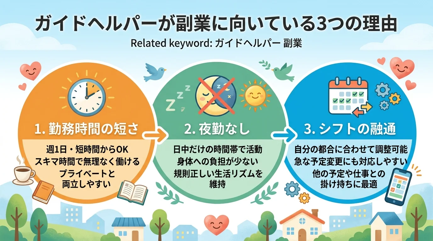 ガイドヘルパーが副業に向いている3つの理由を図解。短い勤務時間・夜勤なし・柔軟なシフトの3点を円形レイアウトで整理したインフォグラフィック。