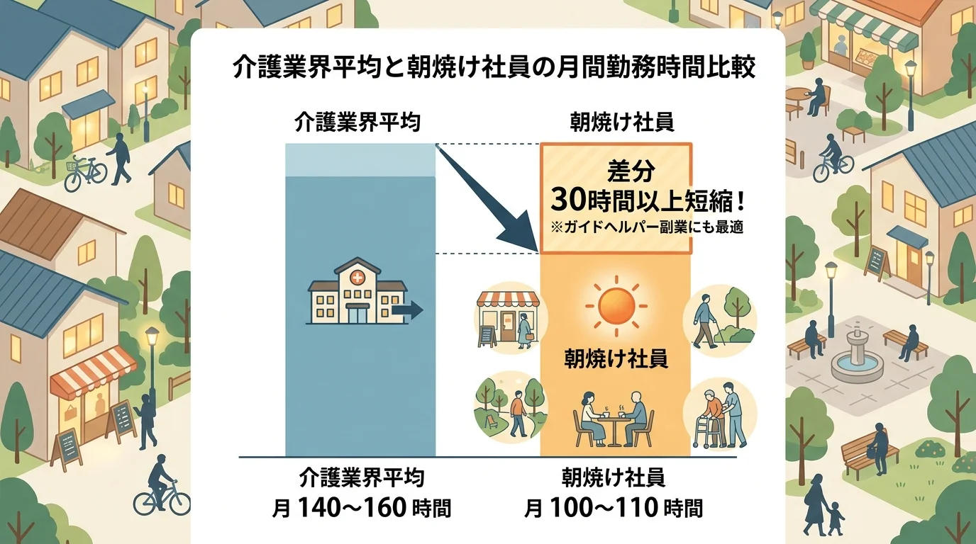 介護業界平均（月140〜160時間）と朝焼け社員（月100〜110時間）の勤務時間を棒グラフで比較した図解。30時間以上の差を強調表示。