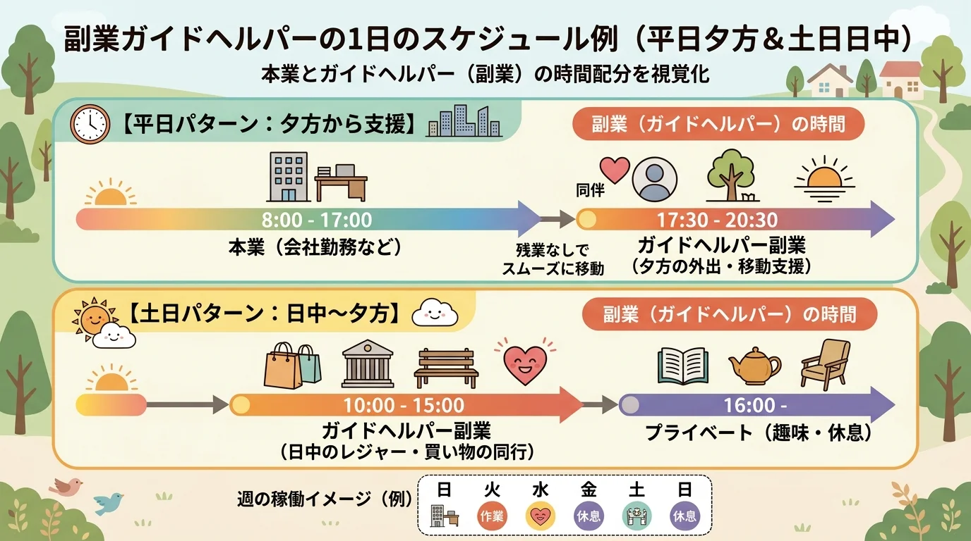 副業ガイドヘルパーの1日スケジュール例を図解。平日パターン（夕方から2〜4時間支援）と土日パターン（日中〜夕方）をタイムライン形式で比較表示。