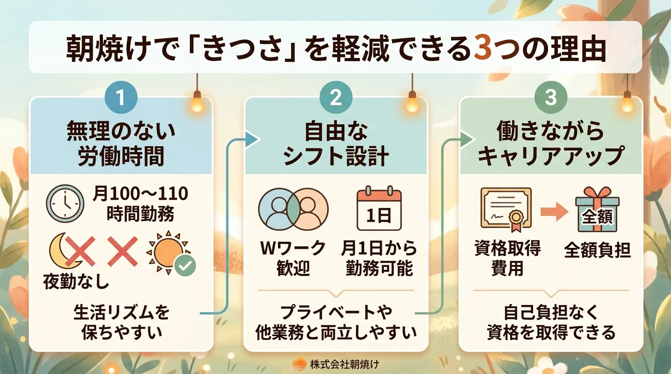 朝焼けの働きやすさを示す3点インフォグラフィック。月100〜110時間勤務・夜勤なし、Wワーク歓迎・月1日から勤務可、資格取得費用全額負担の3要素をアイコン付きで整理した図解