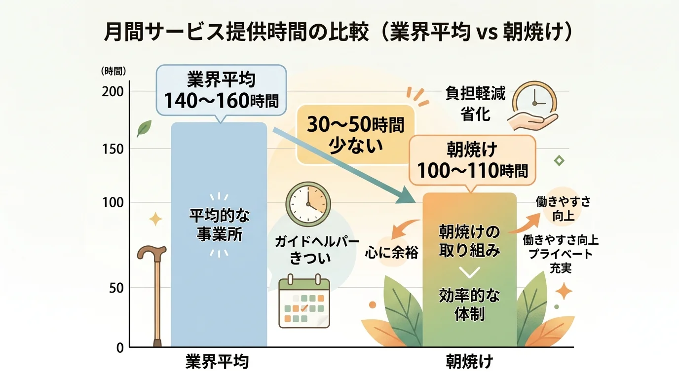 月間サービス提供時間の比較棒グラフ。業界平均140〜160時間に対し朝焼けは100〜110時間と30〜50時間少なく、ガイドヘルパーのきつさを軽減できることを示す図解