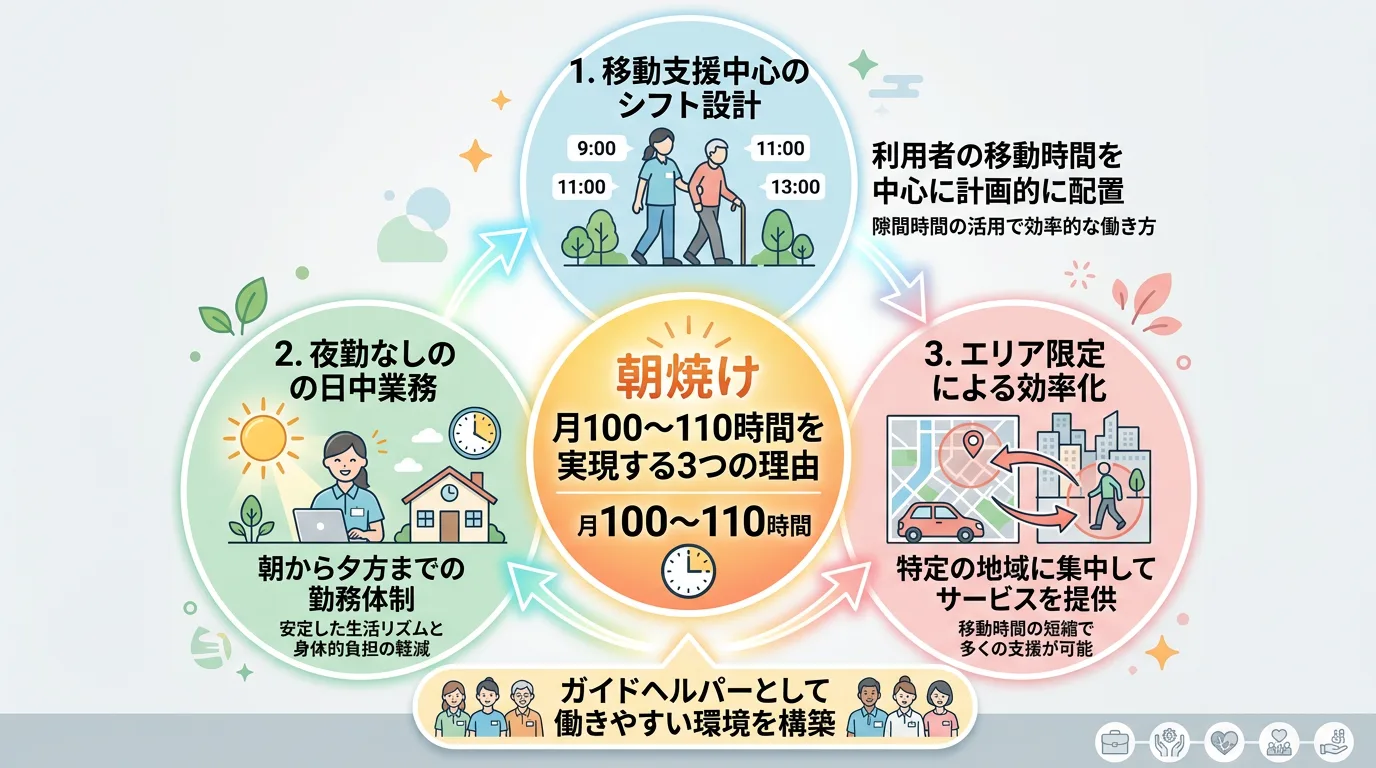 朝焼けが月100〜110時間を実現できる3つの理由：移動支援特化・夜勤なし・エリア限定運営