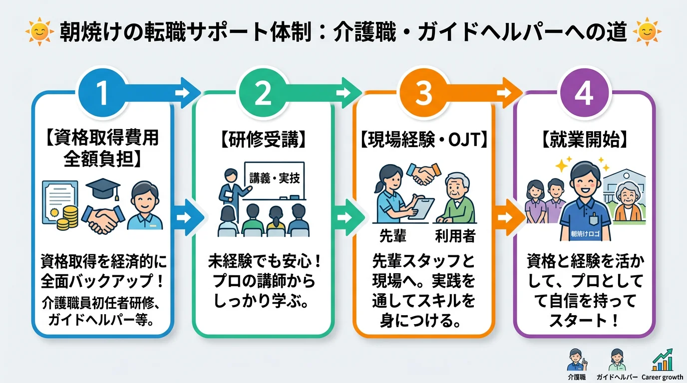 介護職からの転職でよくある不安と朝焼けでの解決策を示す補足図解