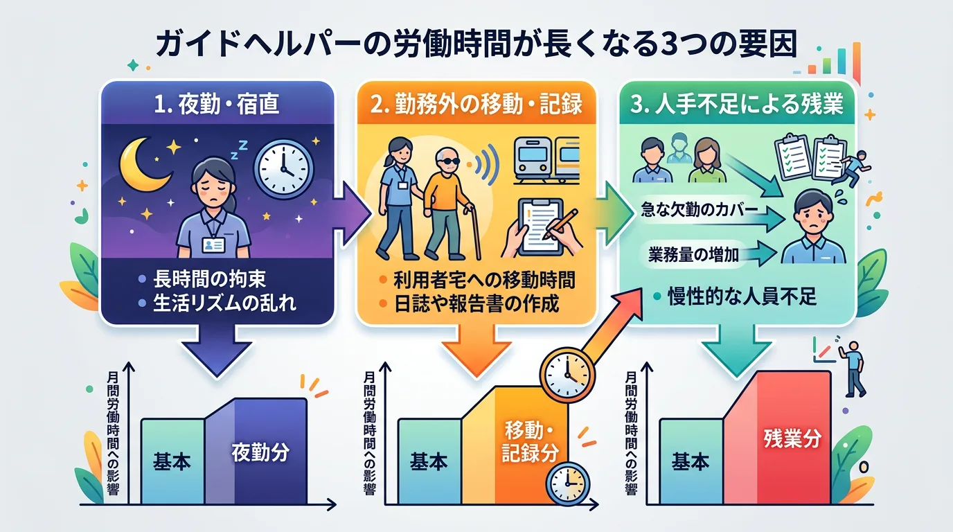 労働時間が長くなる3つの要因：夜勤・宿直の組み込み・移動時間・人手不足による残業の説明図
