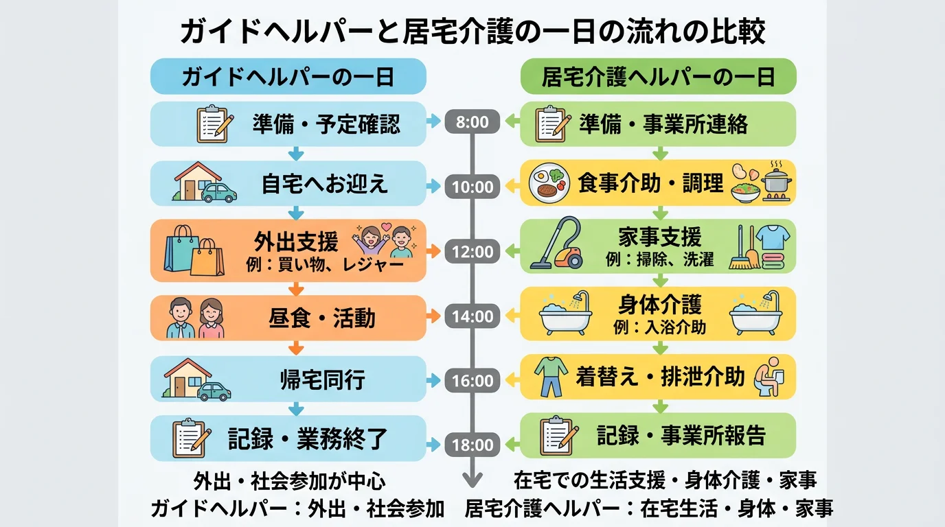 ガイドヘルパー資格（3〜4日・費用全額負担）と居宅介護（初任者研修130時間）の難易度比較