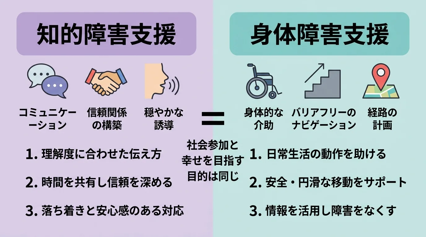 知的障害者への移動支援と身体障害者への移動支援の違いを比較した図解。支援のアプローチや重視するポイントを左右に並べて整理したインフォグラフィック。