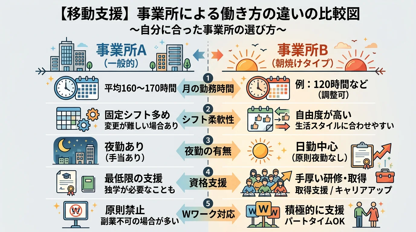 事業所選びの5つのポイント:月勤務時間・夜勤有無・資格費用負担・Wワーク対応・対応エリアを比較する図