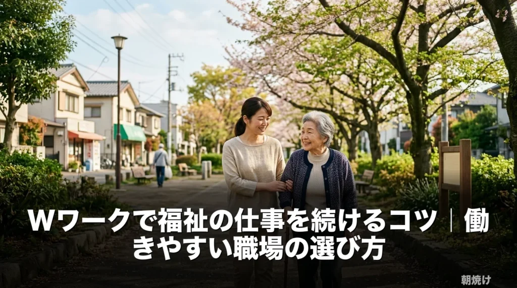 Wワークで福祉の仕事を続けるガイドヘルパーが、利用者様と並木道を穏やかに歩いている外出支援のシーン。夜勤なし・シフト柔軟な働き方を象徴する画像。