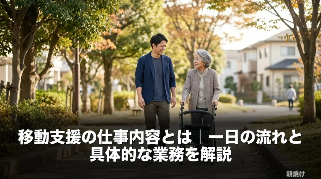 移動支援スタッフが車椅子ユーザーの利用者さんと並んで住宅街の歩道を歩いているシーン。穏やかな昼間の自然光と桜の花びらが舞う温かな雰囲気。