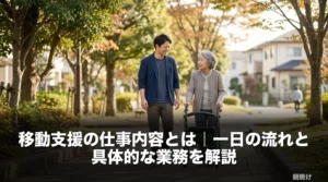 移動支援スタッフが車椅子ユーザーの利用者さんと並んで住宅街の歩道を歩いているシーン。穏やかな昼間の自然光と桜の花びらが舞う温かな雰囲気。