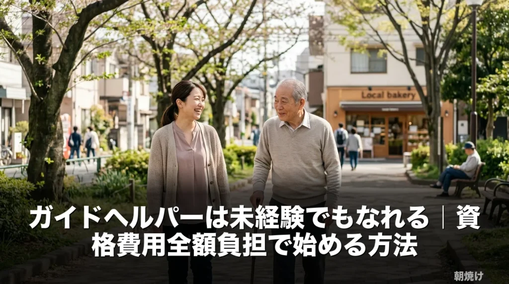 ガイドヘルパーのスタッフが利用者さんと住宅街を一緒に歩く様子。未経験から始められる移動支援の仕事を表したアイキャッチ画像。