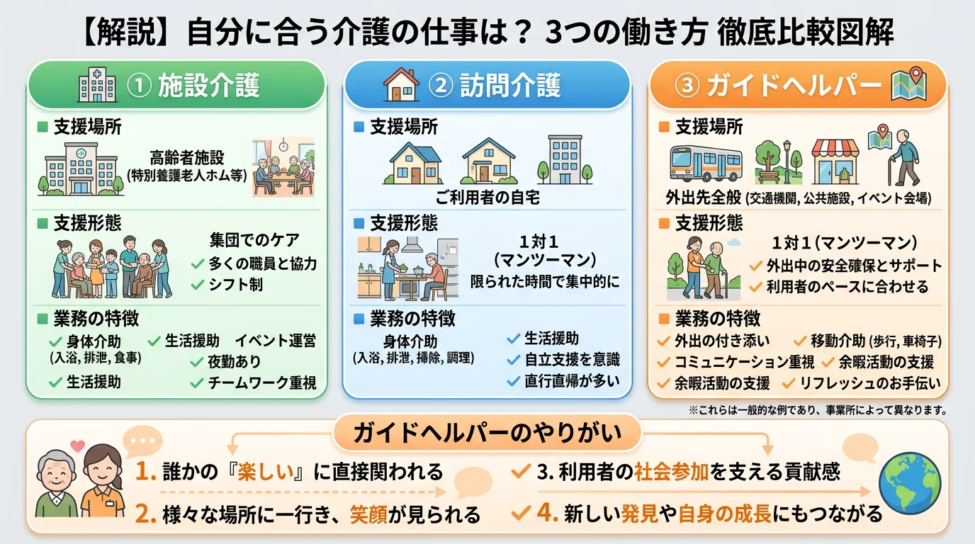 ガイドヘルパーの5つのやりがい：感謝の言葉・1対1の深い関わり・季節体験・成長実感・社会貢献