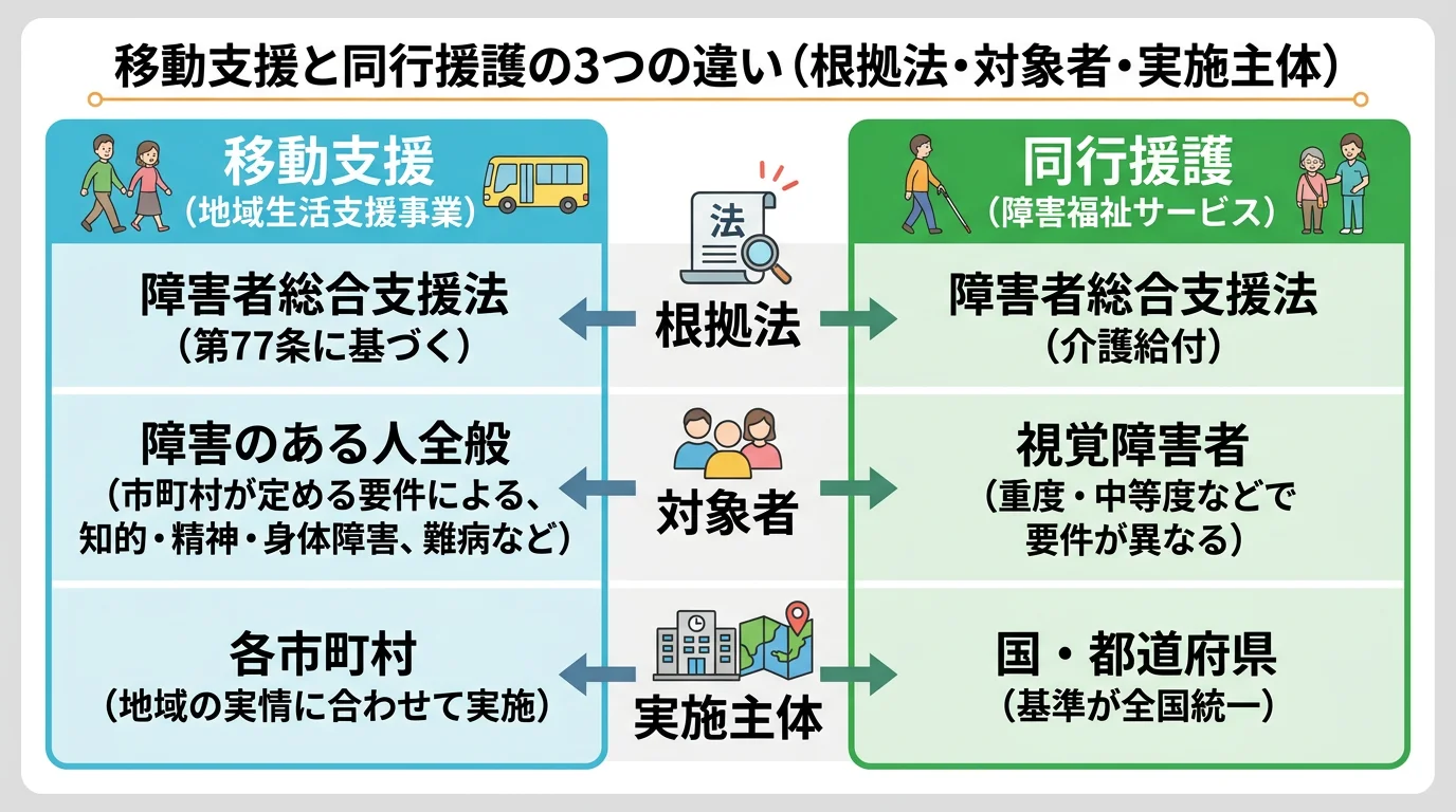 移動支援(地域生活支援事業)と同行援護(障害者総合支援法)の制度・対象者の違いを示す比較図