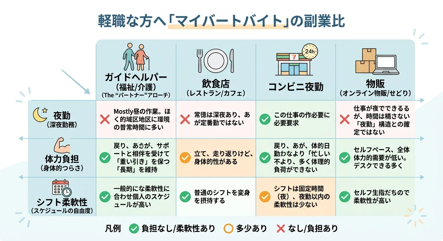 福祉Wワークと他の副業（飲食・コンビニ・物販）を夜勤・体力負担・シフト柔軟性の3軸で比較した図解
