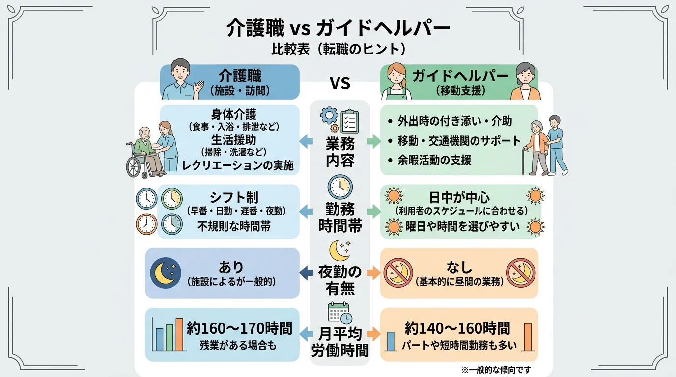 介護職からガイドヘルパーへの転職メリット:夜勤なし・月100〜110時間・生活リズム安定