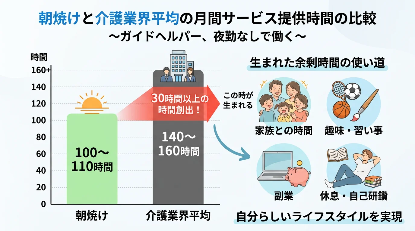 夜勤なしで得られる3つのメリット：生活リズム安定・家庭との両立・Wワーク実現の説明図