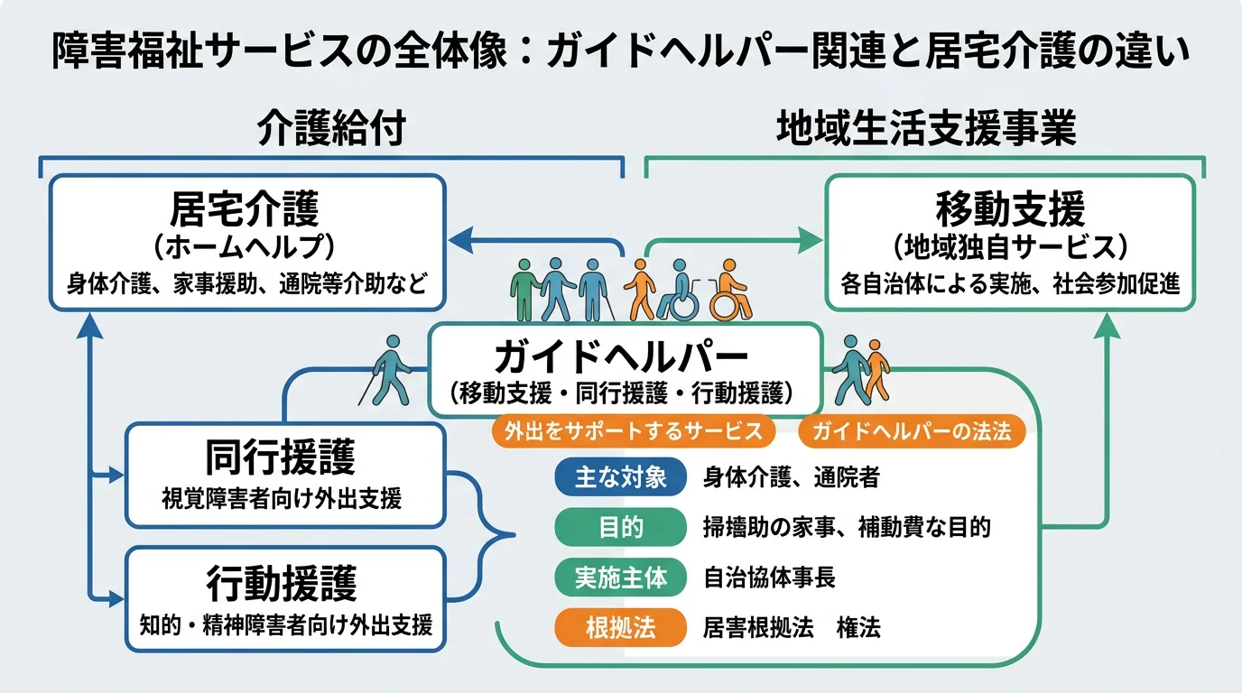 ガイドヘルパーは外出支援中心、居宅介護は家事・身体介助など生活全般支援という業務比較図