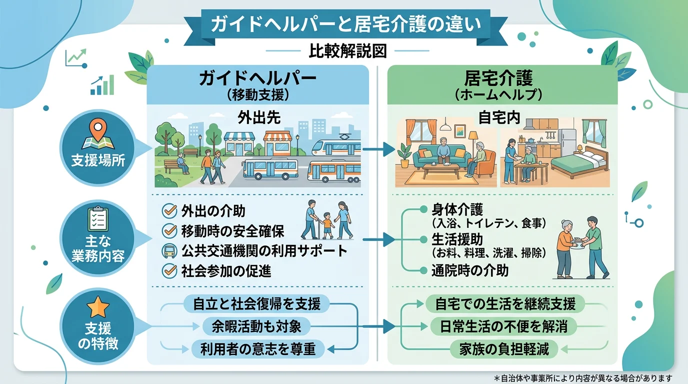 ガイドヘルパーと居宅介護の概要比較：支援の場面・対象者・制度の違いを示す図