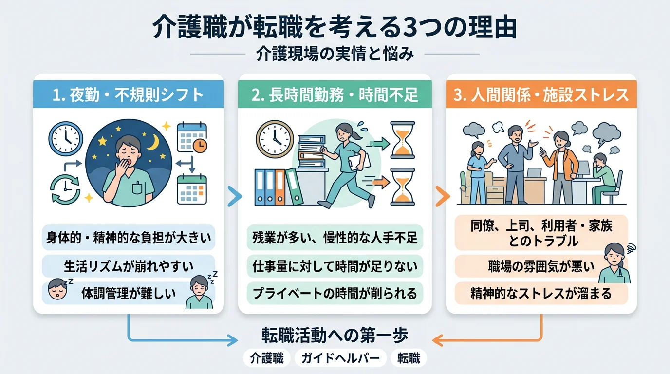 介護職が転職を考える3大理由:夜勤・長時間労働・人間関係ストレスの説明図