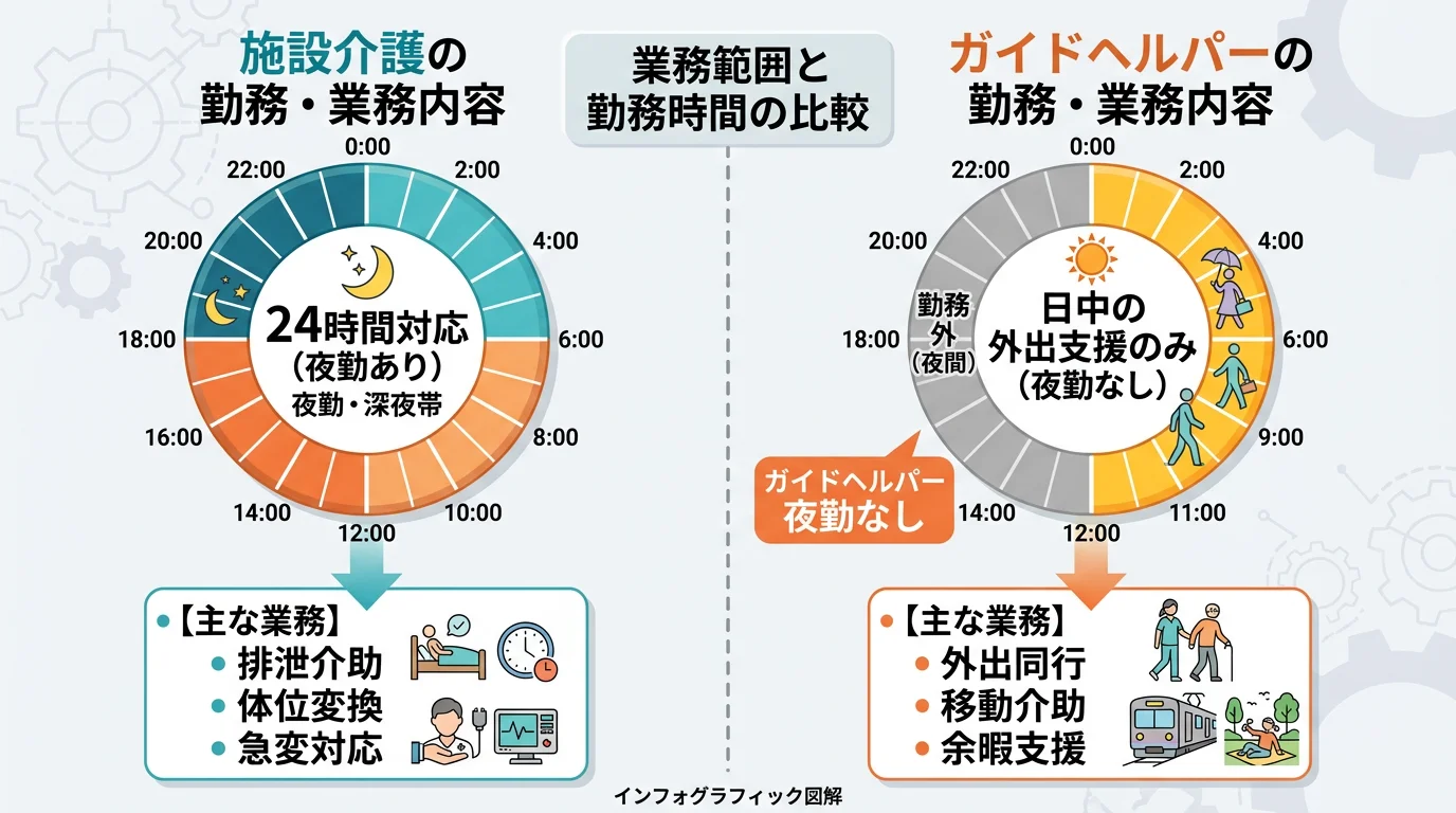 移動支援は日中の外出支援が中心のため夜勤が発生しない仕組みを示す業務時間帯図
