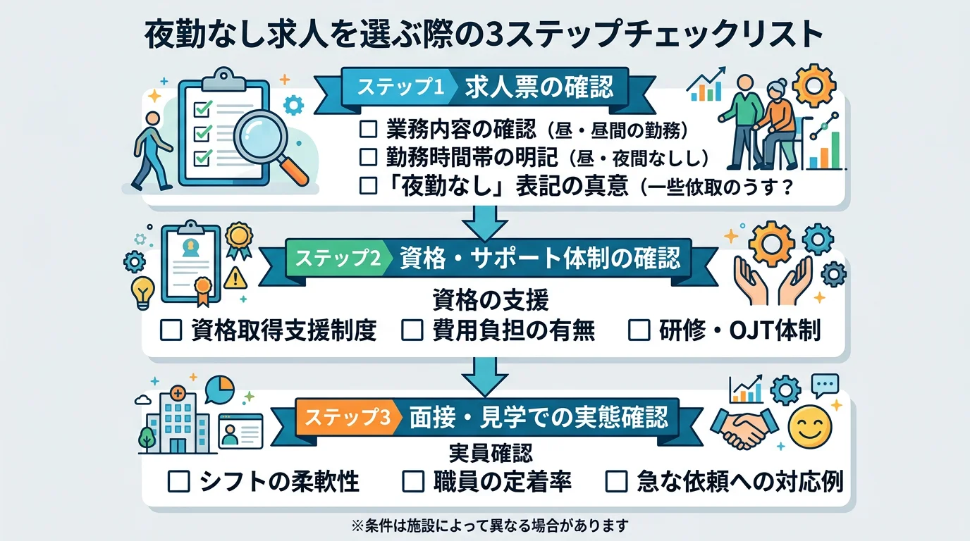 夜勤なし求人を見極める3ステップ：求人票確認・見学での実態把握・面接での確認事項