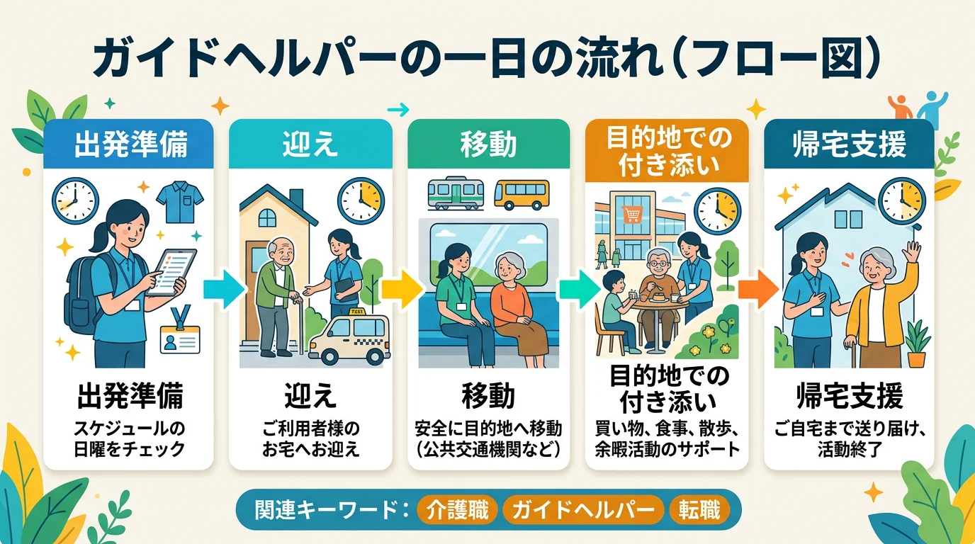 ガイドヘルパー(移動支援)の仕事内容:外出時の付き添い支援・日中業務の概要図