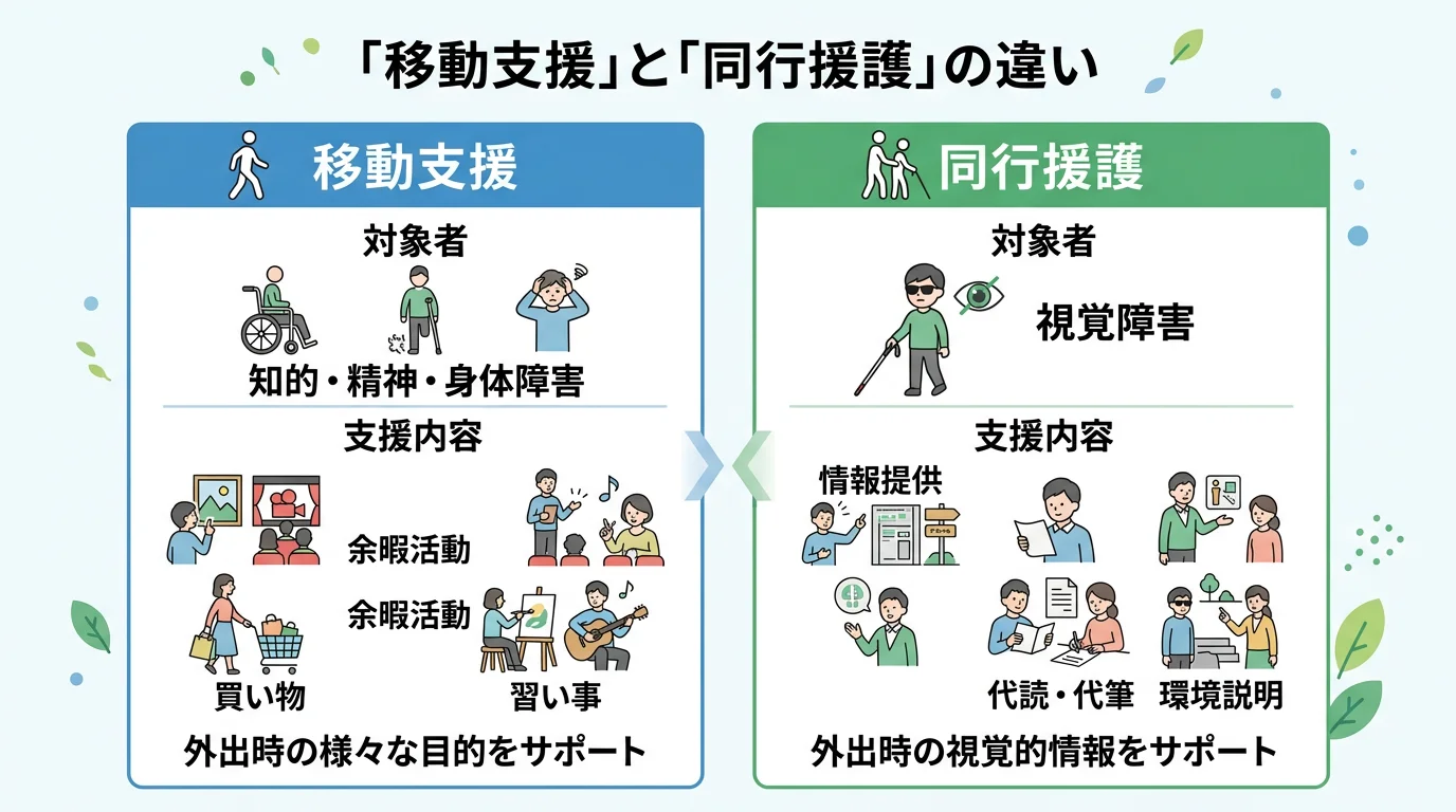 移動支援は知的・身体・精神障害が対象、同行援護は視覚障害が対象という違いを示す図解