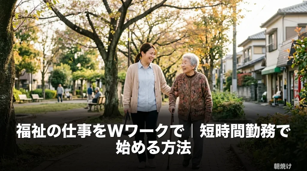 住宅街の並木道を車椅子の利用者様と並んで歩くガイドヘルパーのスタッフ。夜勤なし・月1日から働ける福祉のWワークを象徴するシーン。